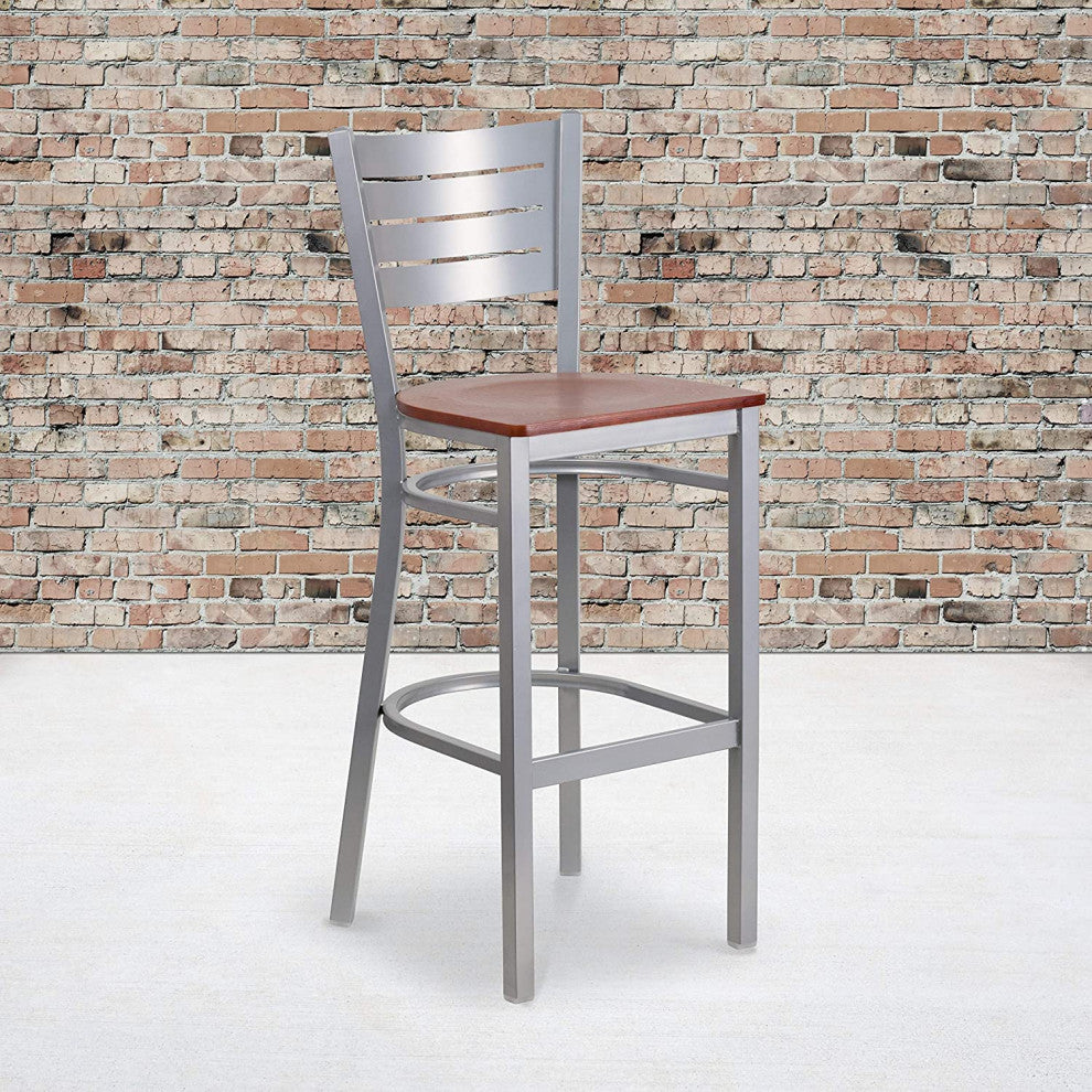Set of 2 Bar Stool, Silver Metal Frame With Ladder Backrest, Cherry Wood Seat