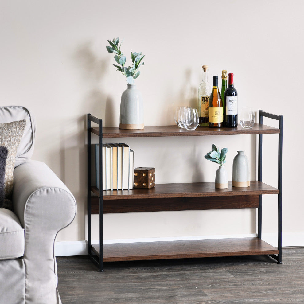 Jamestown Wide 3 Shelf Open Storage Bookshelf Mid Century Walnut, Black Metal