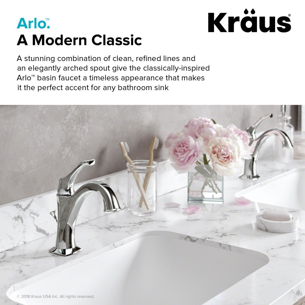 Kraus Arlo Single Handle Basin Faucet, Lift Rod Drain, Chrome, Set of 2