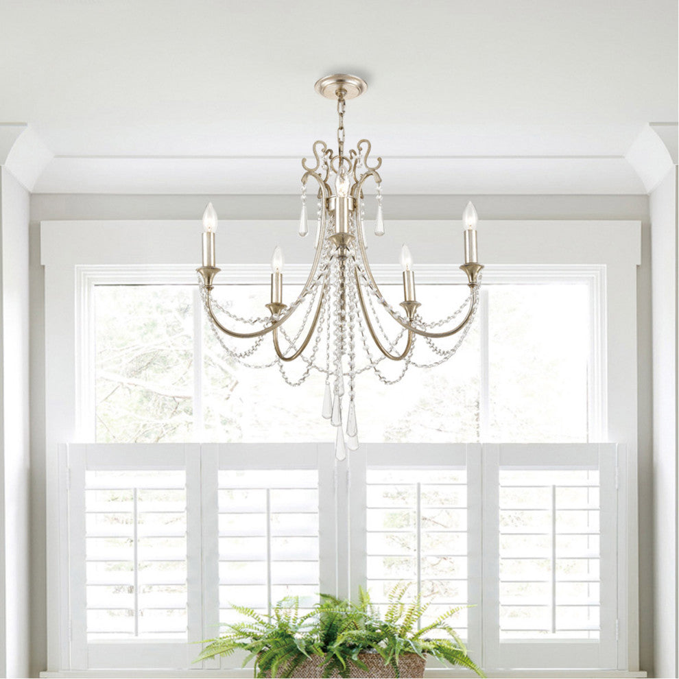 Crystorama ARC-1905-SA-CL-MWP, 5-Light Chandelier, Antique Silver