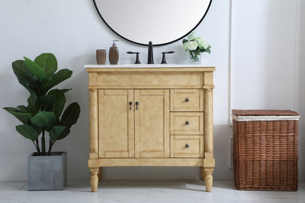 36" Single Bathroom Vanity, Antique Beige With Ivory White Engineered Marble