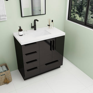 Carla 36" Freestanding Bathroom Vanity With Left Side Drawers, Gloss Black