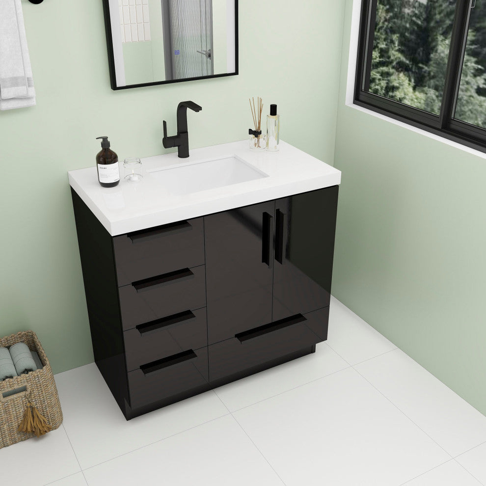 Carla 36" Freestanding Bathroom Vanity With Left Side Drawers, Gloss Black
