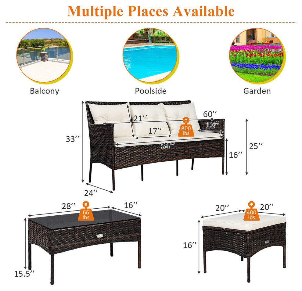 Costway 3PCS Patio Rattan Furniture Set 3-Seat Sofa Cushioned Table Garden