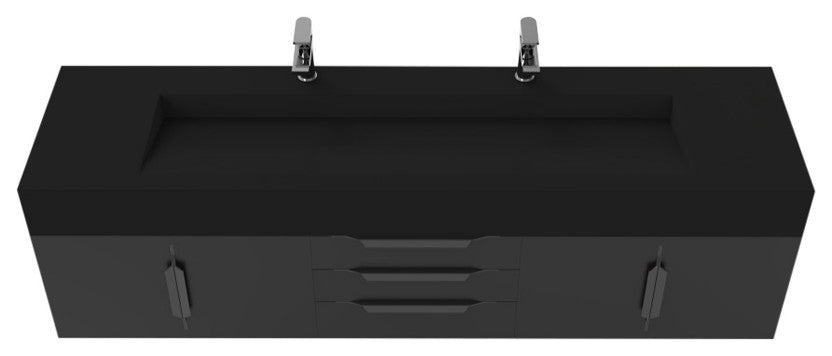 CastelloUSA Nile 72" Wall Mounted Vanity Set, Black, Black Top, Black Handles
