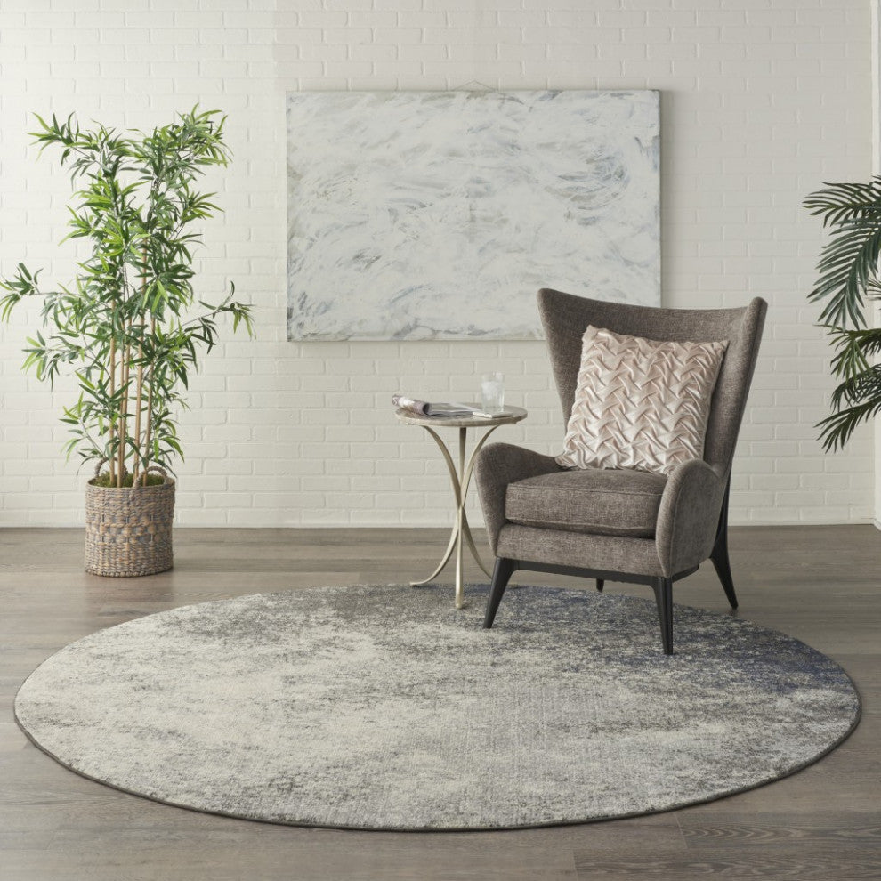 8 Round Charcoal and Ivory Abstract Area Rug