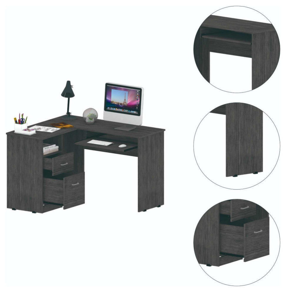 Raleigh L-Shaped Office Desk with 2 Drawers, Open Shelf, CPU Storage, Smoky Oak