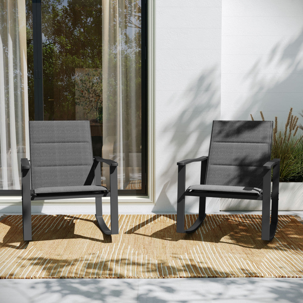 Set of 2 Outdoor Rocking Chairs with Flex Comfort Material and Metal Frame, Black