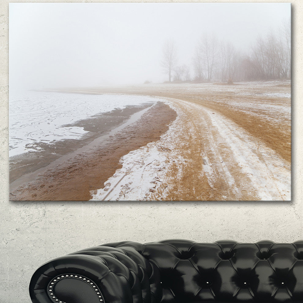 Sandy Beach in the Winter Fog, Modern Seashore Canvas Art, 40"x30"
