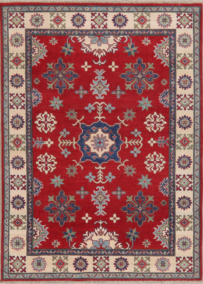 Hand-Knotted Pakistani Traditional Oriental Kazak Area Rug, Red, 6'10"X5'0"