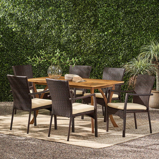 GDF Studio 7-Piece Caprise Outdoor Dining, Wood Table With Wicker Chairs Set