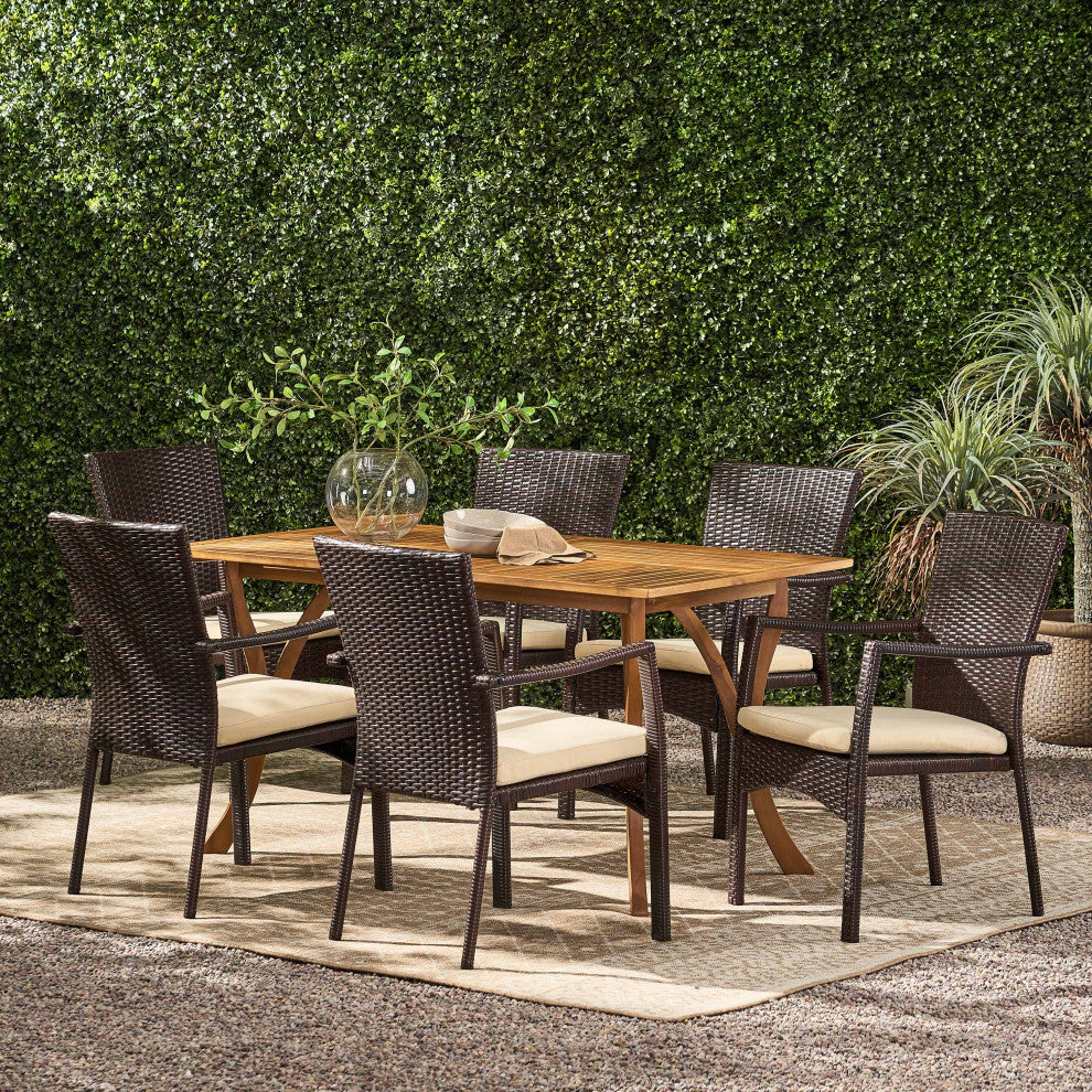 GDF Studio 7-Piece Caprise Outdoor Dining, Wood Table With Wicker Chairs Set