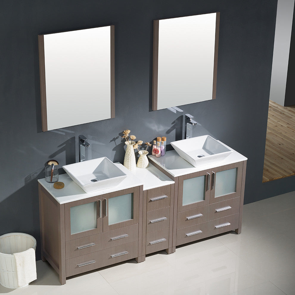 Torino 72" Gray Oak Modern Double Sink Bathroom Vanity, Faucet FFT9152CH
