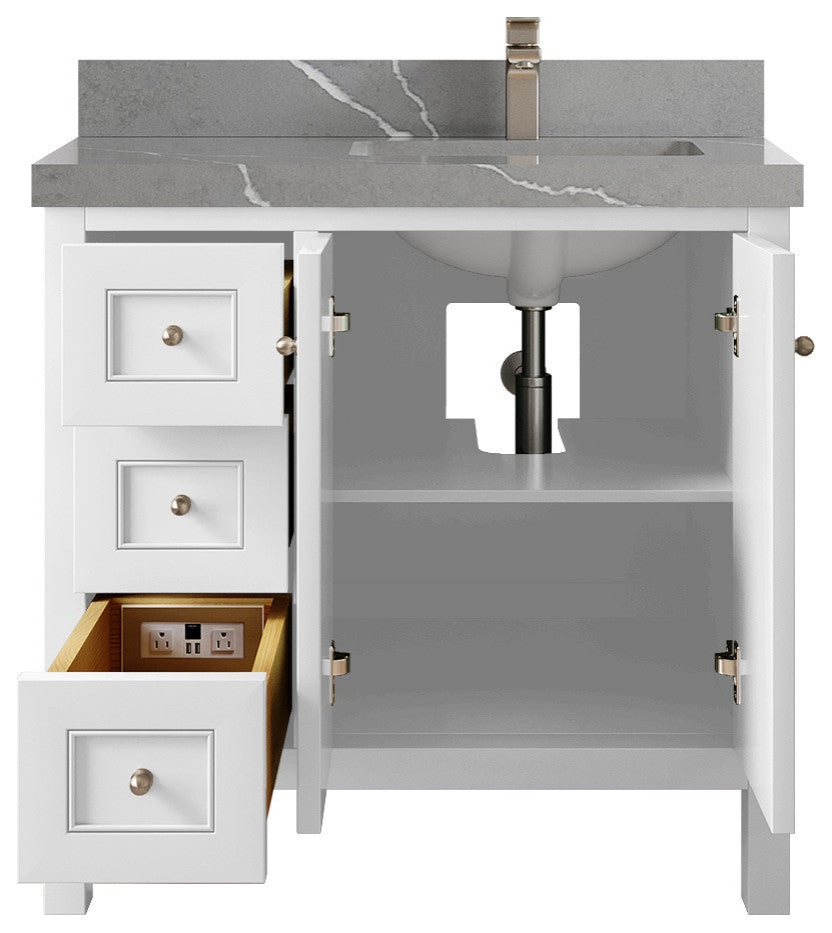 Nashville 36" Right Offset Bath Vanity, White 2" Piatra Gray