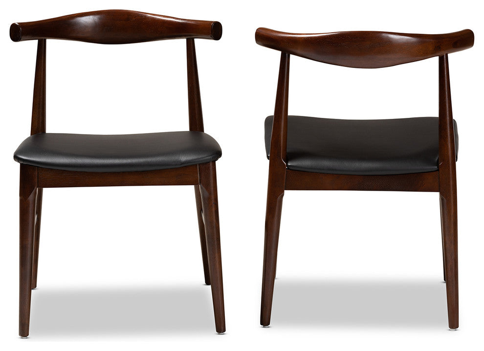 Eira Mid-Century Modern Black Faux Leather Walnut Wood Dining Chairs, Set of 2