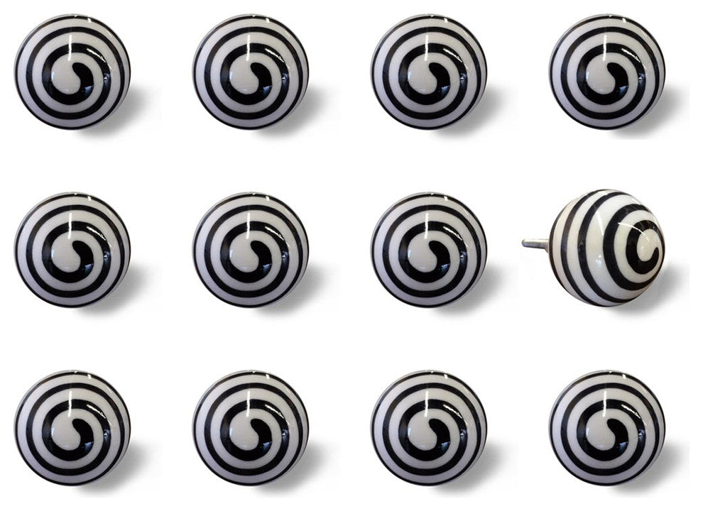 Knob-It Vintage Handpainted Ceramic Knobs, Set of 12, White/Black