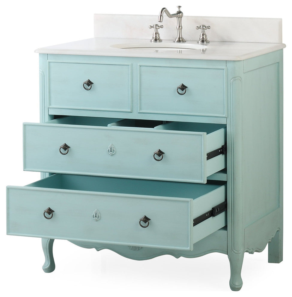 34 Inch Distressed Light Blue Daleville Cottage Style Bathroom Sink Vanity, With Backsplash