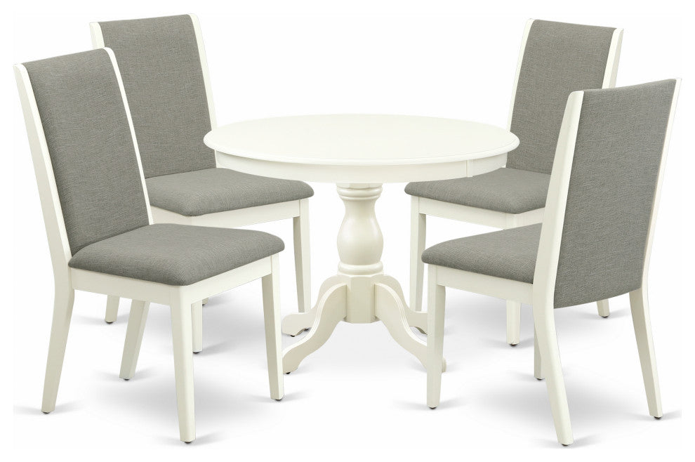 5 Pc Dining Set, Linen White Breakfast Table, 4 Shitake Chairs, Linen White