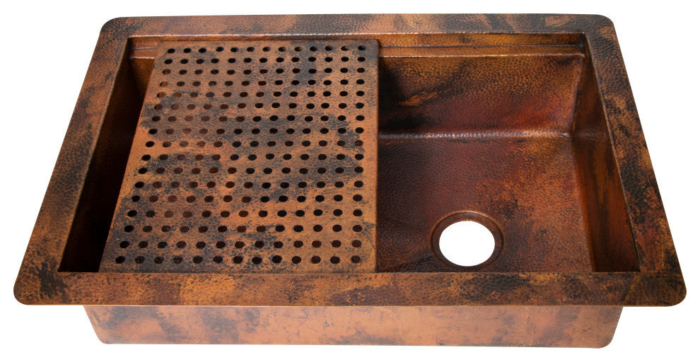 33" Drop-in One Bowl Hammered Copper Kitchen Sink w/ Removable Grill, 16 Gauge