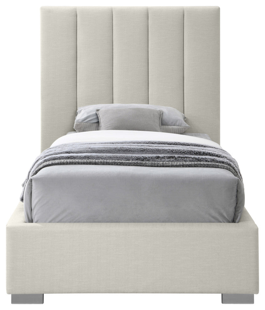 Pierce Linen Textured Fabric Upholstered Bed, Beige, Twin