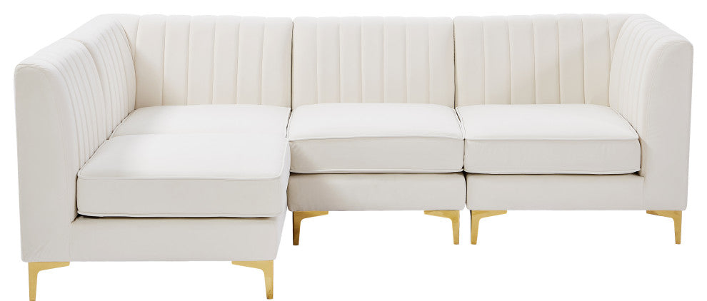 Alina Velvet Modular L-Shaped Modular Sectional, Cream, 4-Piece: 2 Armless Chair, 2 Corner Chair