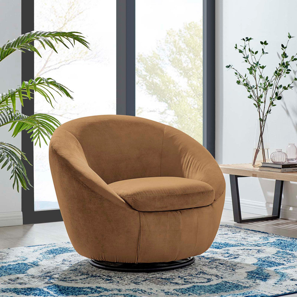Armchair Swivel Accent Chair, Black Brown, Velvet, Modern, Lounge Hospitality