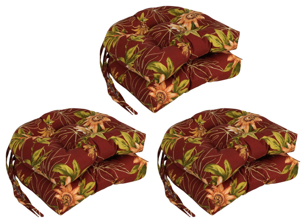 16" Patterned Outdoor U-Shaped Tufted Chair Cushions, Set of 6, Passion Ruby