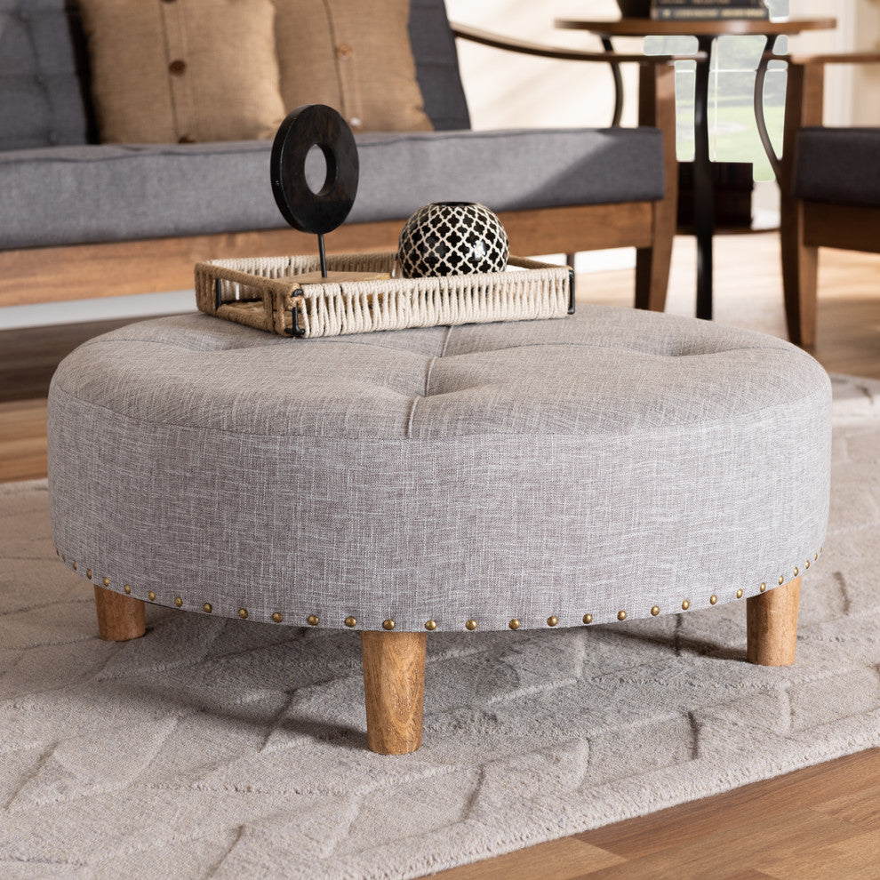 Nicky Light Gray Fabric Natural Wood Cocktail Ottoman