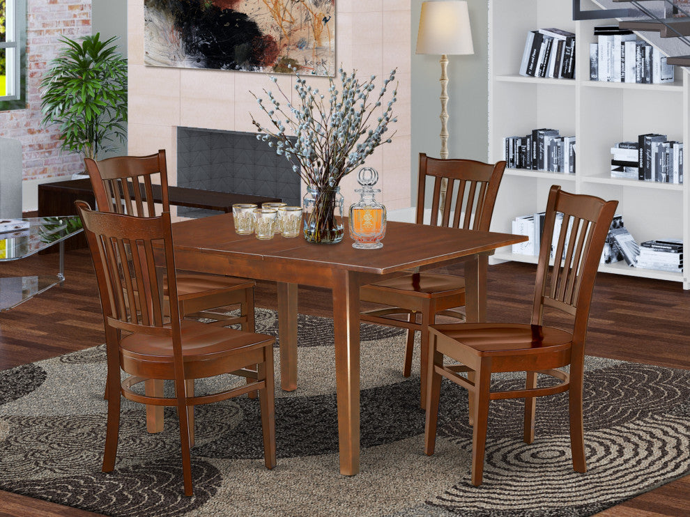 5Pc 42/54" Family Table, 12 In Self Storing Butterfly Leaf, 4 Wood Seat Chairs