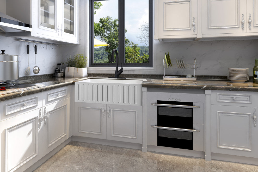 Roine Apron Front Man Made Stone Single Bowl Kitchen Sink, White, 30"