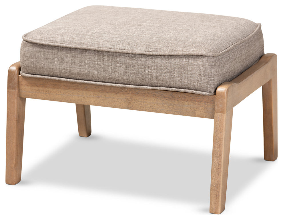 Woodard Light Grey Fabric Upholstered Antique Oak Wood Ottoman