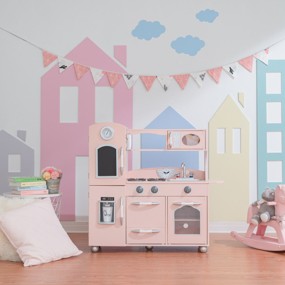 Wooden Play Kitchen Cooking Playset, Pink