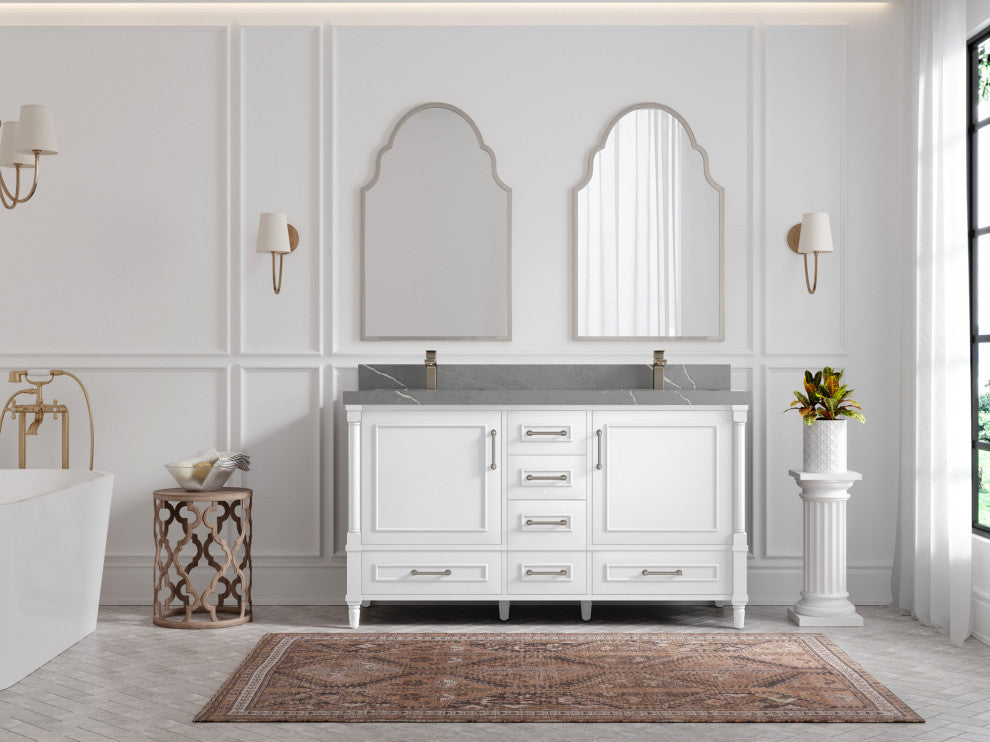 Aberdeen 60 Double Bathroom Vanity in White 2" Piatra Gray