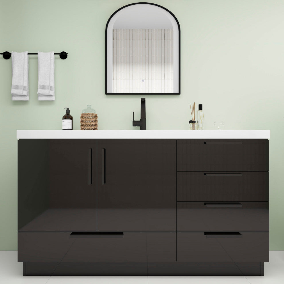 Carla 60" Freestanding Bathroom Vanity With Single Sink, Gloss Black
