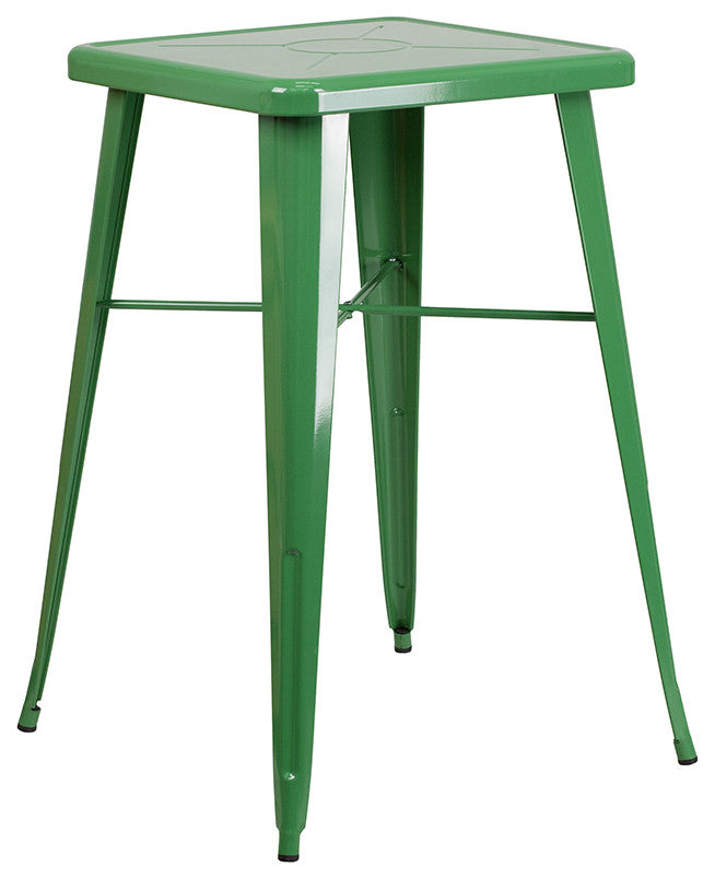 23.75" Square Green Metal Bar 3-Piece Table Set With 2 Stools With Backs