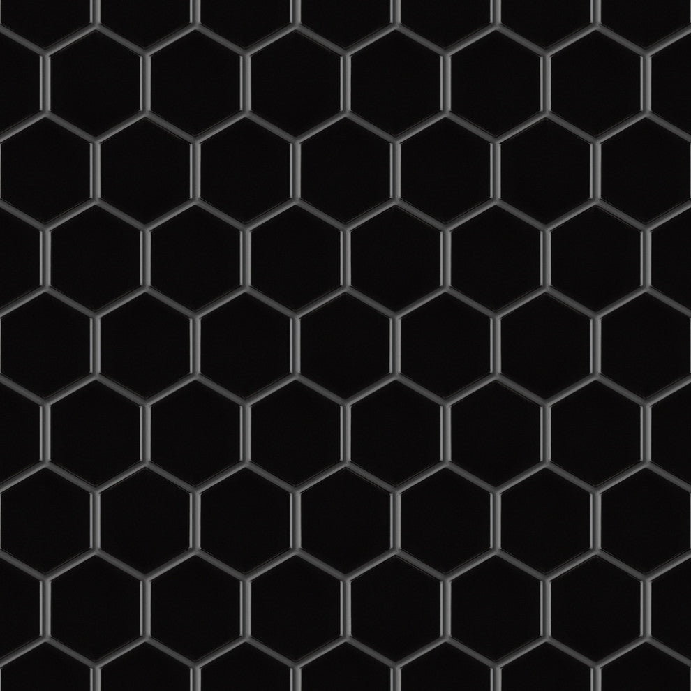 Metro 2" Hex Glossy Black Porcelain Floor and Wall Tile