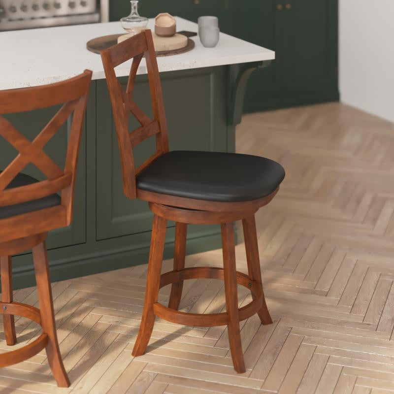 Felicity Wood Crossback Swivel Counter Height Barstool with Upholstered Seat, Black Vinyl/Antique Oak Frame