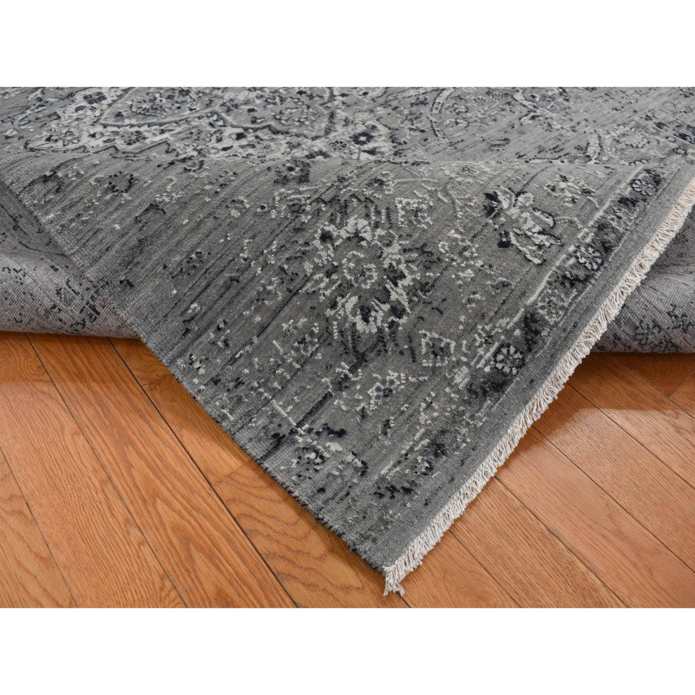 Gray, Broken Persian Erased Design, Silk With Wool Hand Knotted Rug, 6'x9'