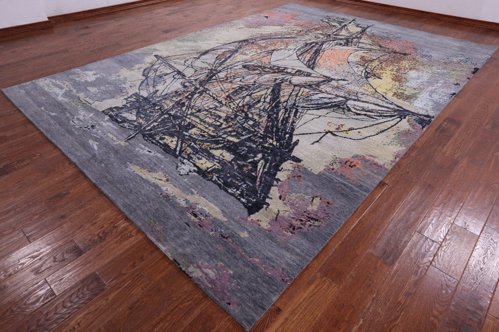 Wool and Silk Sailing Ship Hand Knotted Rug 9' 10" X 14' 2" Q11604