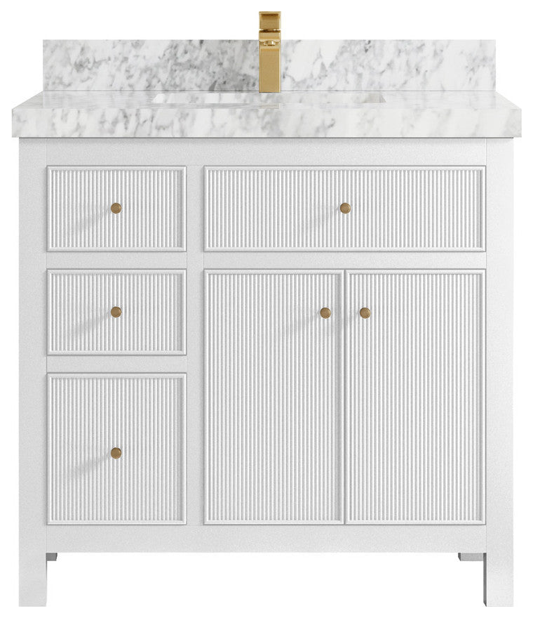 Sonoma 36 Center Sink Reeded Bath Vanity in White 2" Carrara Marble