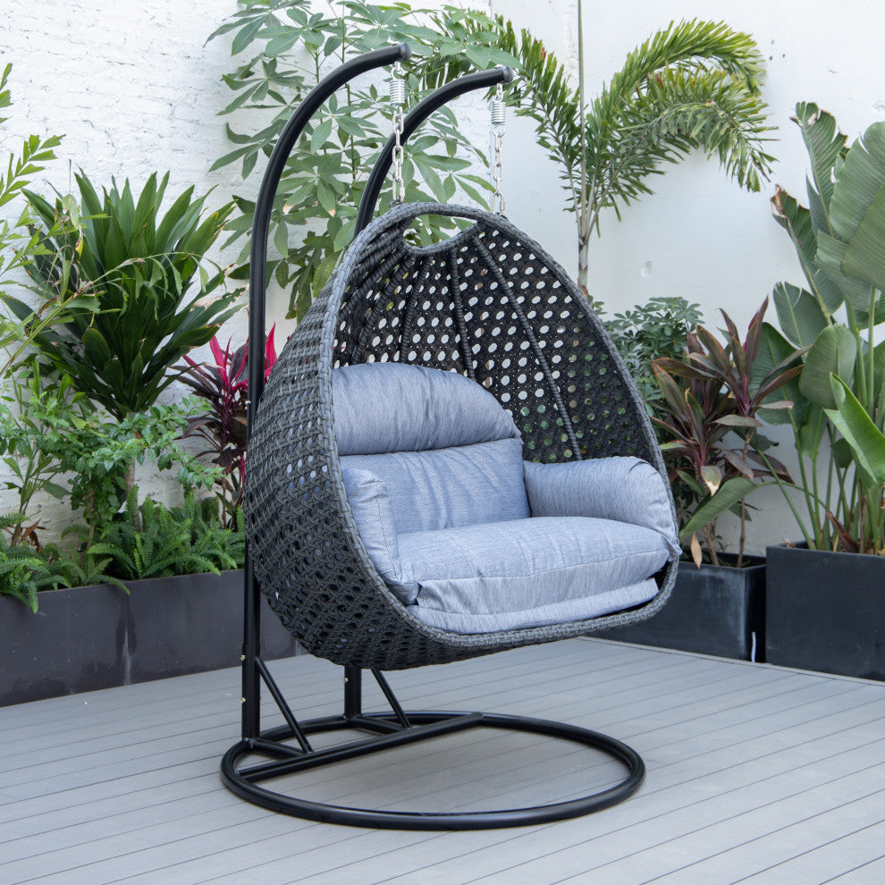 LeisureMod Mendoza Charcoal Wicker Hanging Double Egg Swing Chair, Charcoal