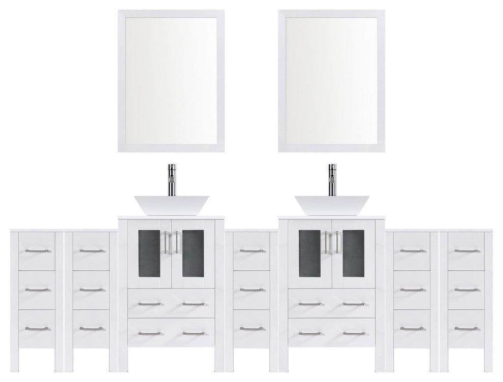 Modern Vanity Set With Two Sink Bases With Mirrors and Five Drawer Bases, White,