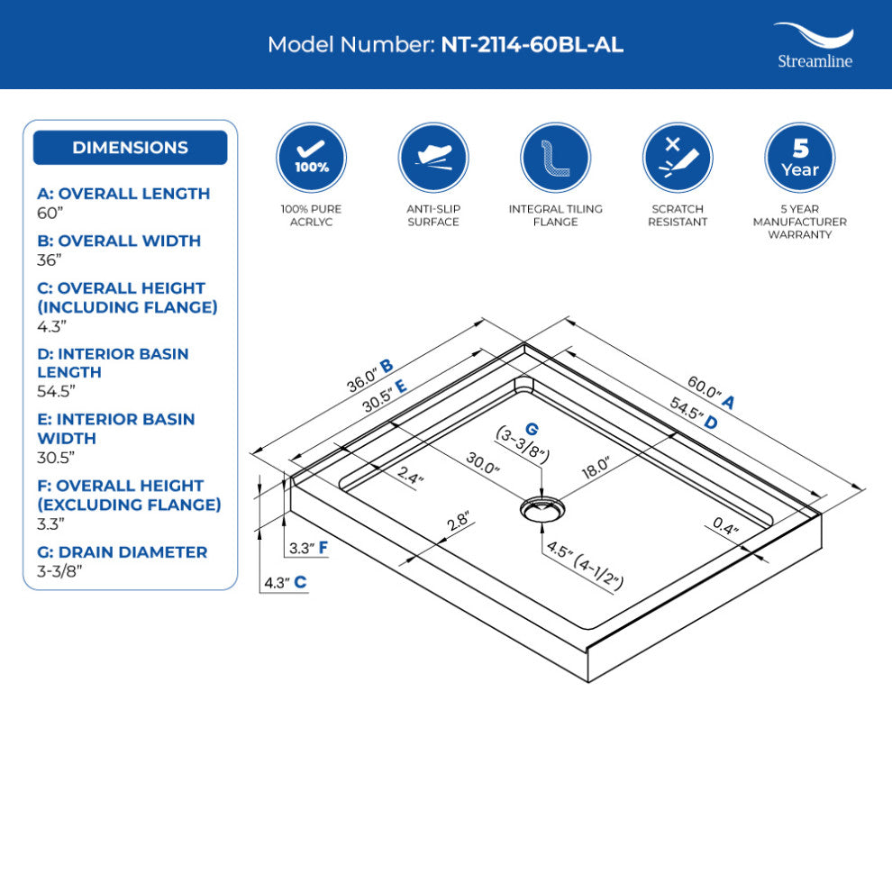 Streamline NT-2114-60BL-AL 60"x36" Shower Base,Drain Included
