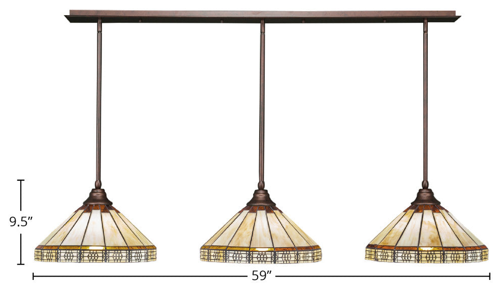 3 Light Mini Pendant In Bronze, 15" Honey and Brown Mission Tiffany Glass