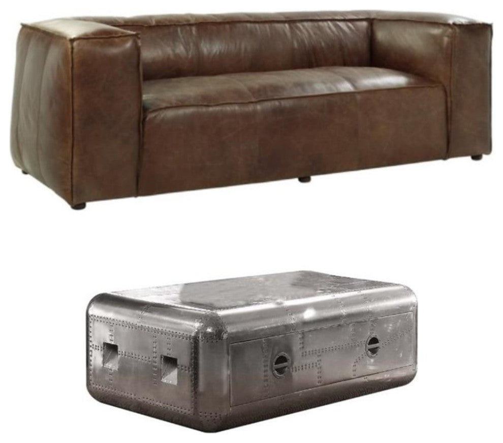 Home Square 2-Piece Set with Leather Sofa and Square Coffee Table