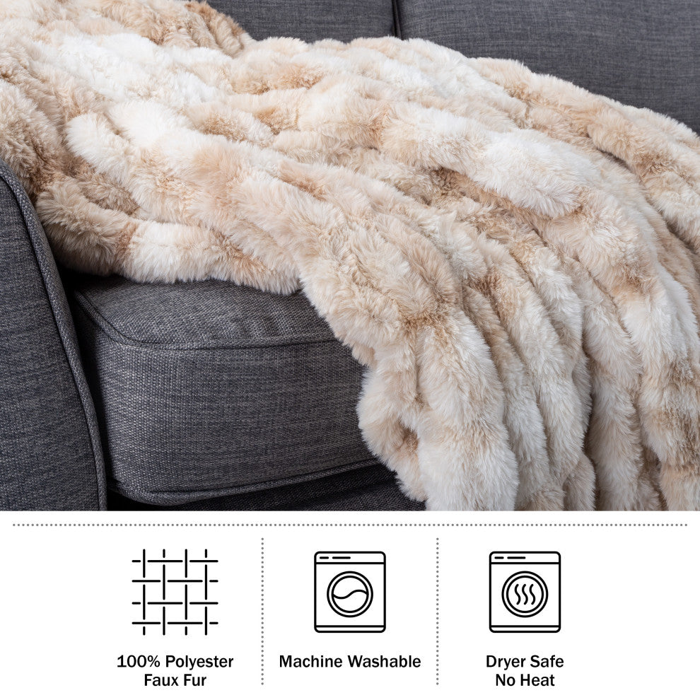 Oversized Ruched Faux Fur Blanket Jacquard Faux Fur Queen-Size Throw, Cream
