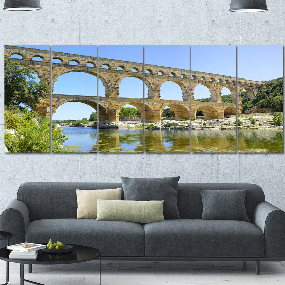 Roman Aqueduct Bridge in France, Bridge Canvas Wall Art, 70"x28", 6 Panels