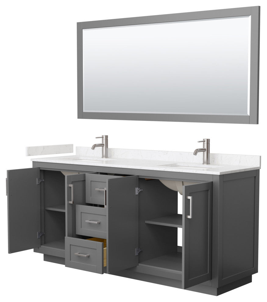 72"DBL Vanity Dark Gray, LV Carrara Cult. Top, Sinks, Nickel Trim, 70"Mirror