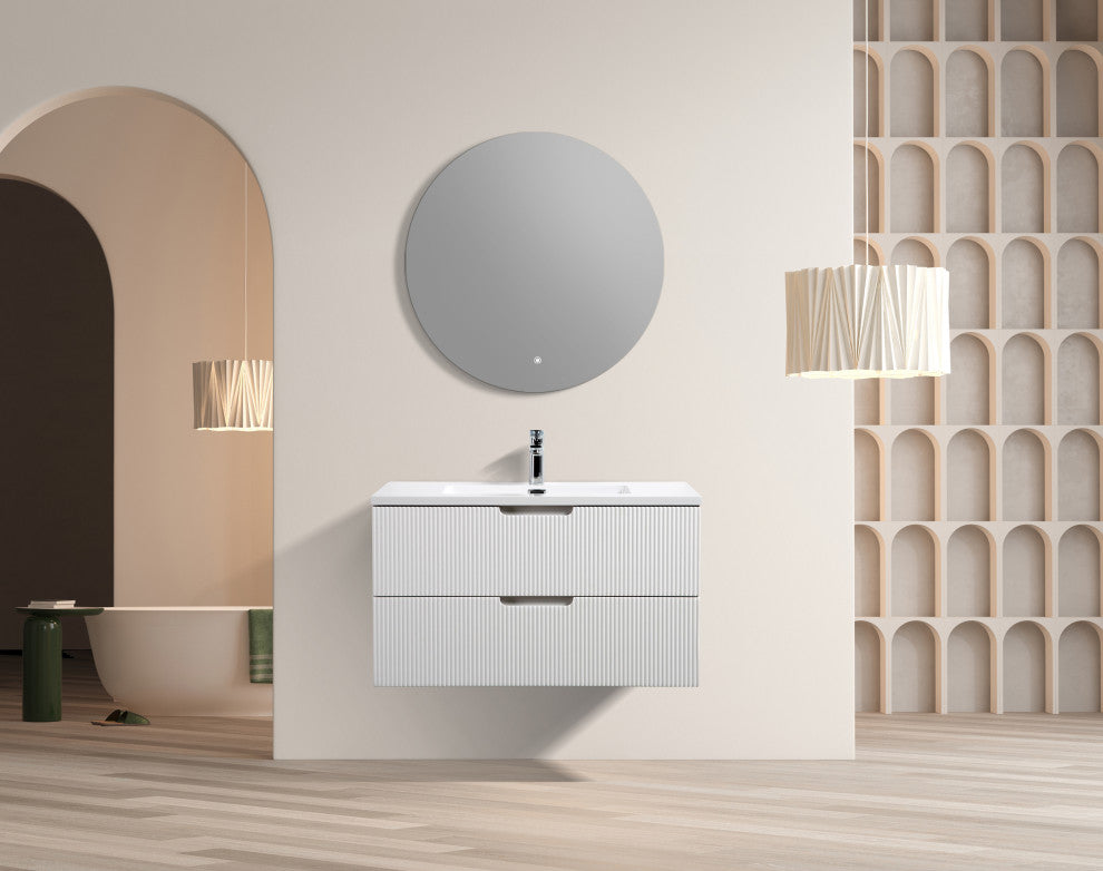 Themis Series White Wall Mount Vanity With A Integrated Sink, 36"