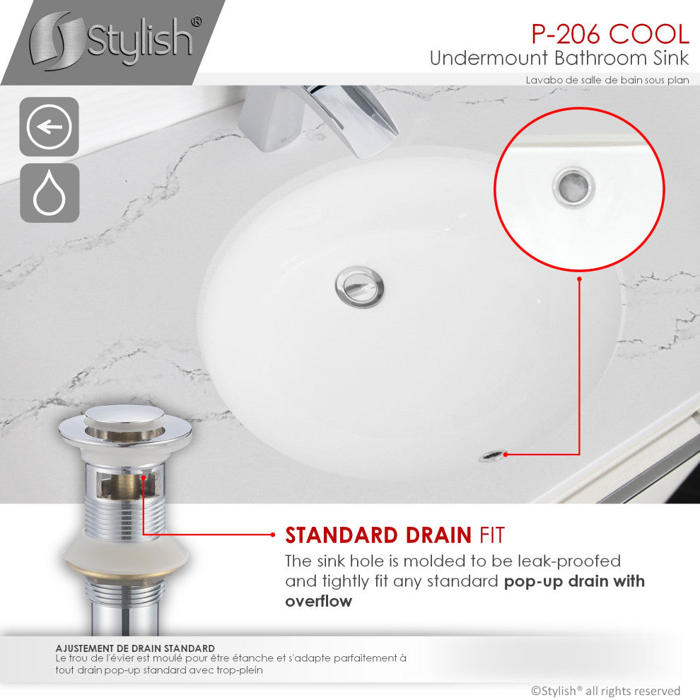 STYLISH 19" Oval Undermount Ceramic Bathroom Sink With 2 Overflow Finishes